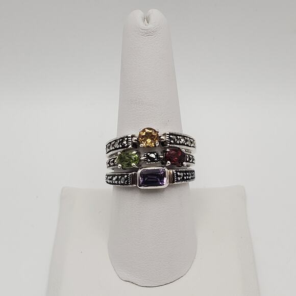 Sterling Silver 925 Marcasite & Gemstone Stack Rings (Set of 3) Size 10 - Picture 1 of 9
